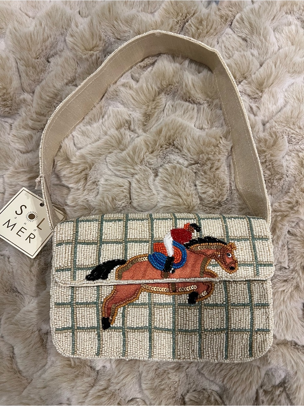 NWT SOL & MER Beaded Equestrian Shoulder Bag in Cream
